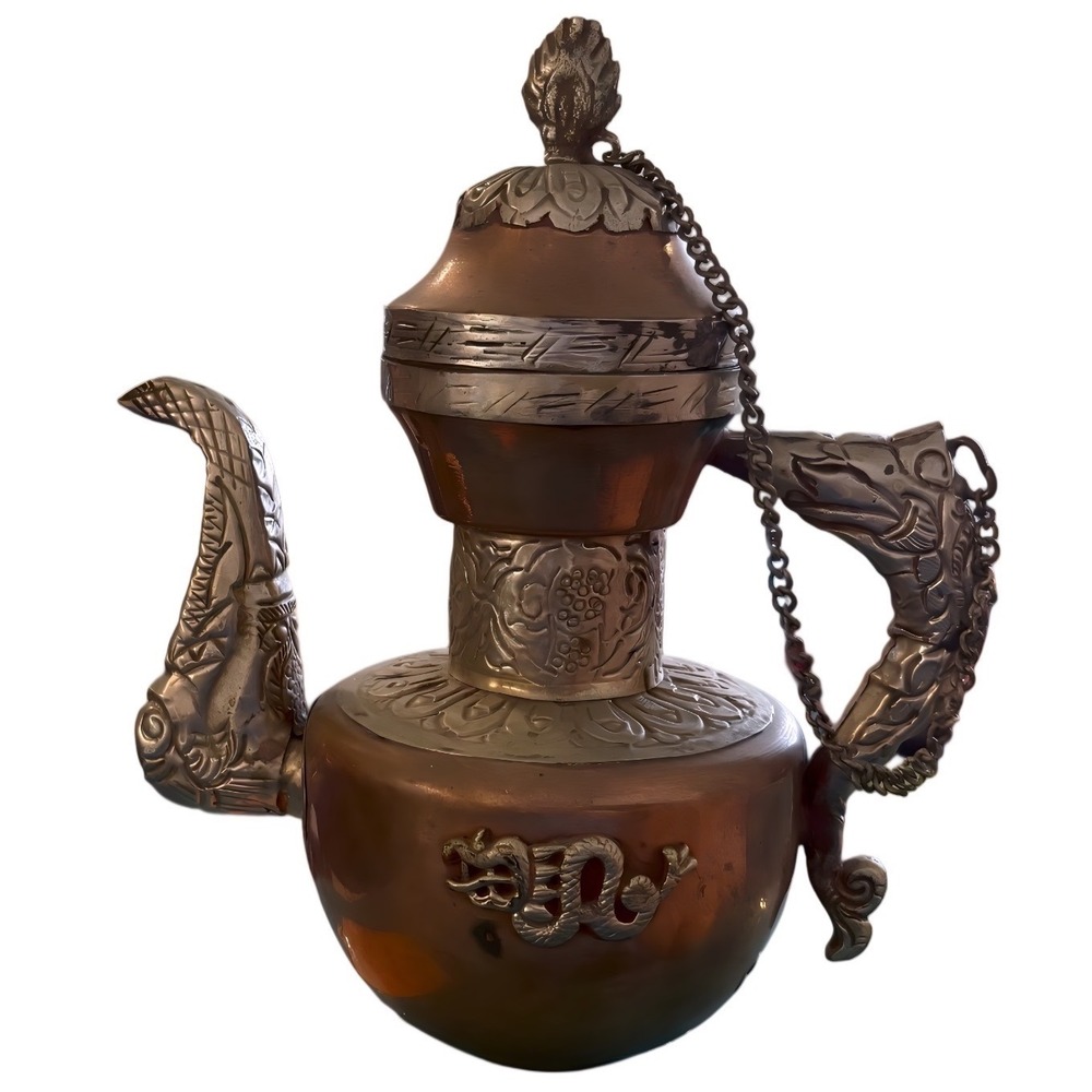 Vtg Tibetan Copper Bronze Teapot Ewer Repoussé Accent Dragon Motif Dark Academic
